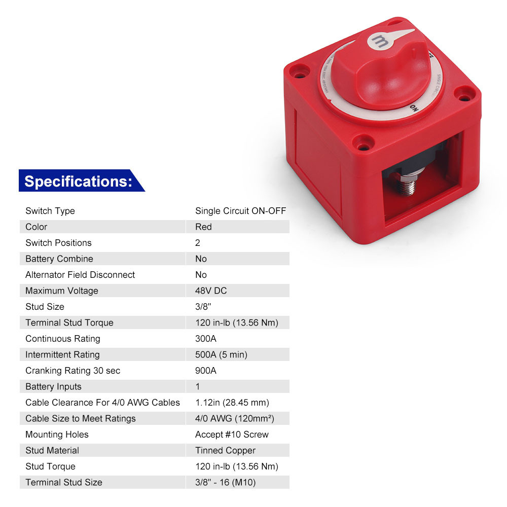 Car Auto RV Marine Boat 12V-48V 100A-300A Single Circuit Battery Selector Isolator Disconnect Rotary Switch Cut