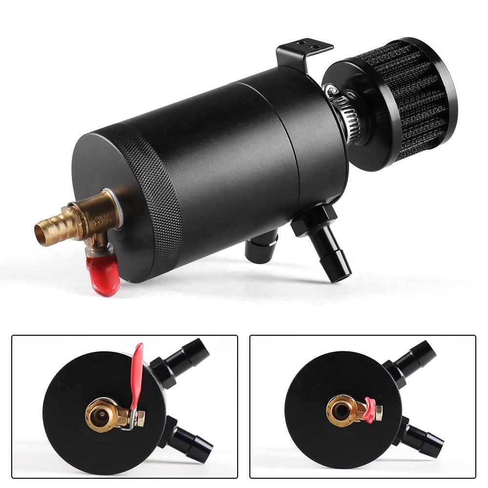 Universal 2-Port Oil Catch Can Tank Reservoir with Drain Valve Breather Filter Compact Baffled Aluminum Oil Catch Fuel Tank Part