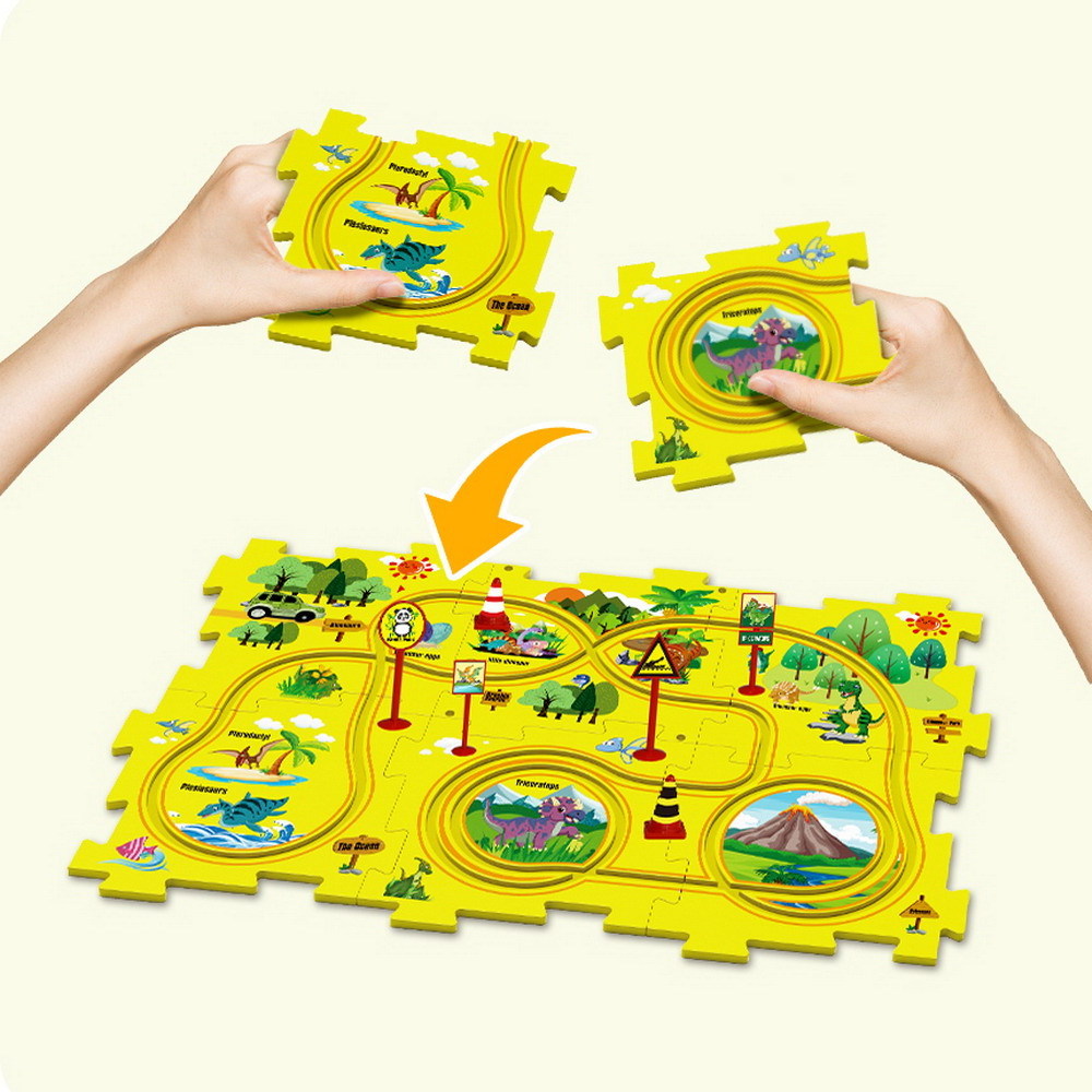 Hot Selling Children Funny Land Series Plastic DIY Puzzle Tracks Battery Operate Electric Rail Car Toy