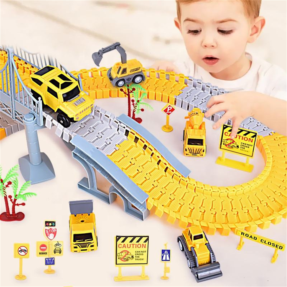 Kids Boys DIY Engineering Construction Toy Small Electric Magic Excavator Slot Car Flexible Road Race Set City Train Truck Track