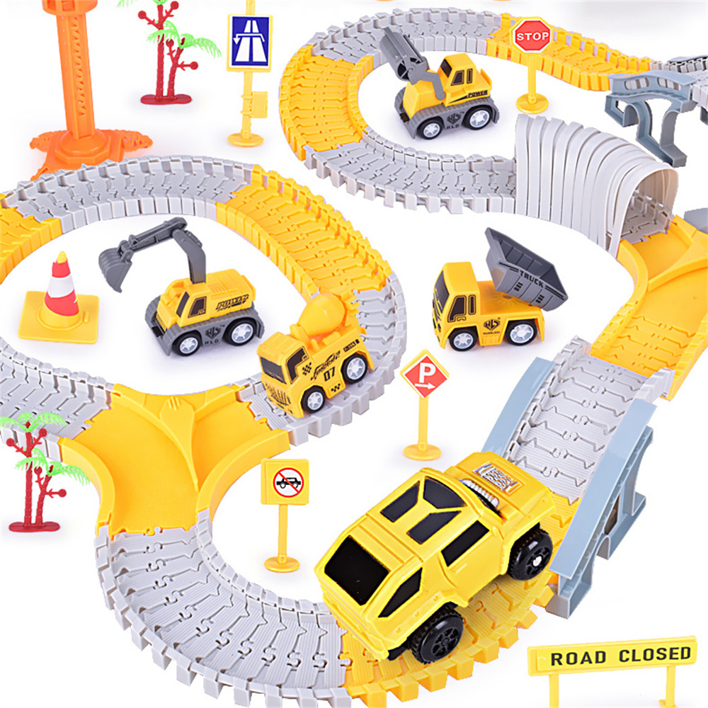 Kids Boys DIY Engineering Construction Toy Small Electric Magic Excavator Slot Car Flexible Road Race Set City Train Truck Track