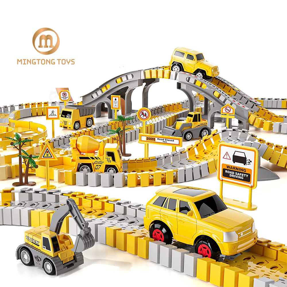 Kids Boys DIY Engineering Construction Toy Small Electric Magic Excavator Slot Car Flexible Road Race Set City Train Truck Track