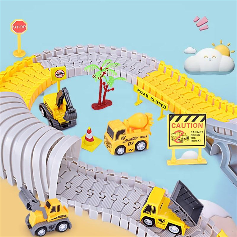 Kids Boys DIY Engineering Construction Toy Small Electric Magic Excavator Slot Car Flexible Road Race Set City Train Truck Track