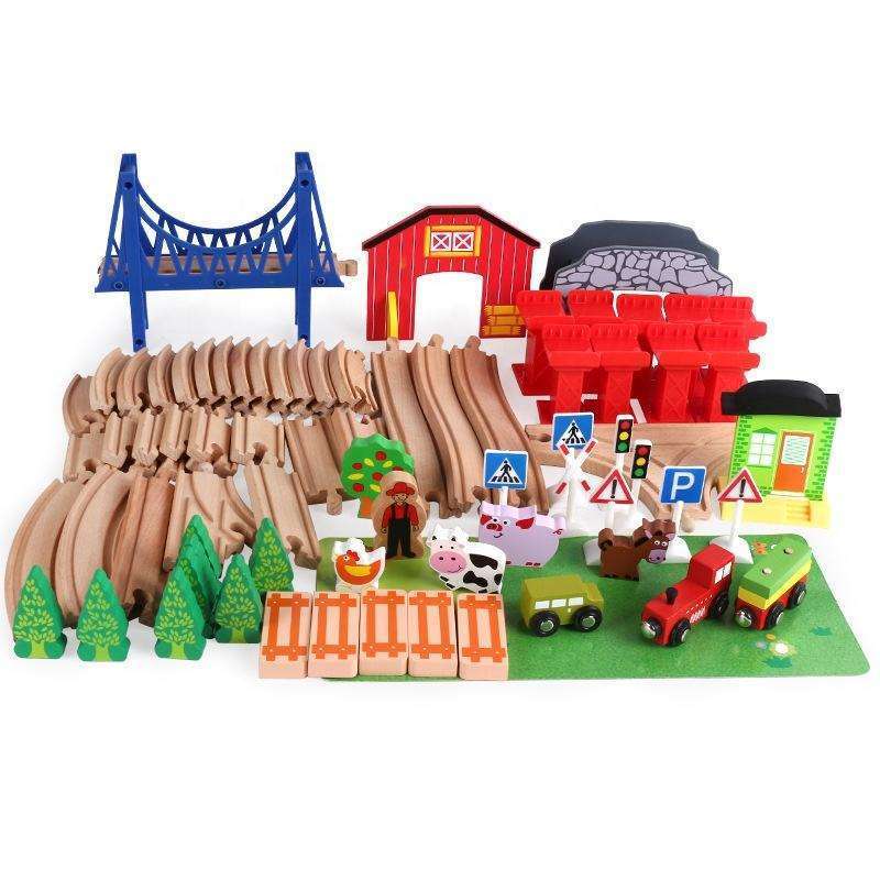 Kids DIY Building Deluxe Traffic Wood Trick Slot Railway Bridge Motorized Truck Set Battery Operated Wooden Toys Train Track