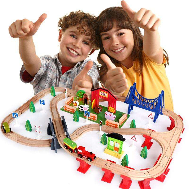 Kids DIY Building Deluxe Traffic Wood Trick Slot Railway Bridge Motorized Truck Set Battery Operated Wooden Toys Train Track