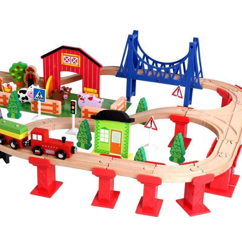 Kids DIY Building Deluxe Traffic Wood Trick Slot Railway Bridge Motorized Truck Set Battery Operated Wooden Toys Train Track