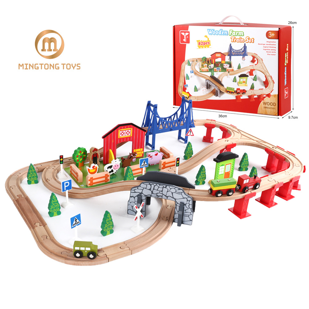 Kids DIY Building Deluxe Traffic Wood Trick Slot Railway Bridge Motorized Truck Set Battery Operated Wooden Toys Train Track