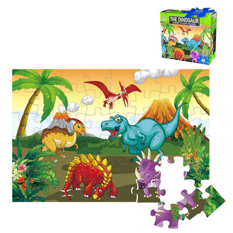 Educational kids 48 pcs box custom cartoon large dinosaur world puzzle game toys paper jigsaw puzzles