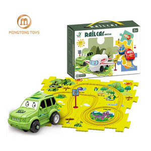 Kids Education Toy 5 PCS DIY Assembly Dinosaur Theme Sliding Track Vehicle Cartoon Mini Rail Car Adventure Puzzle Game