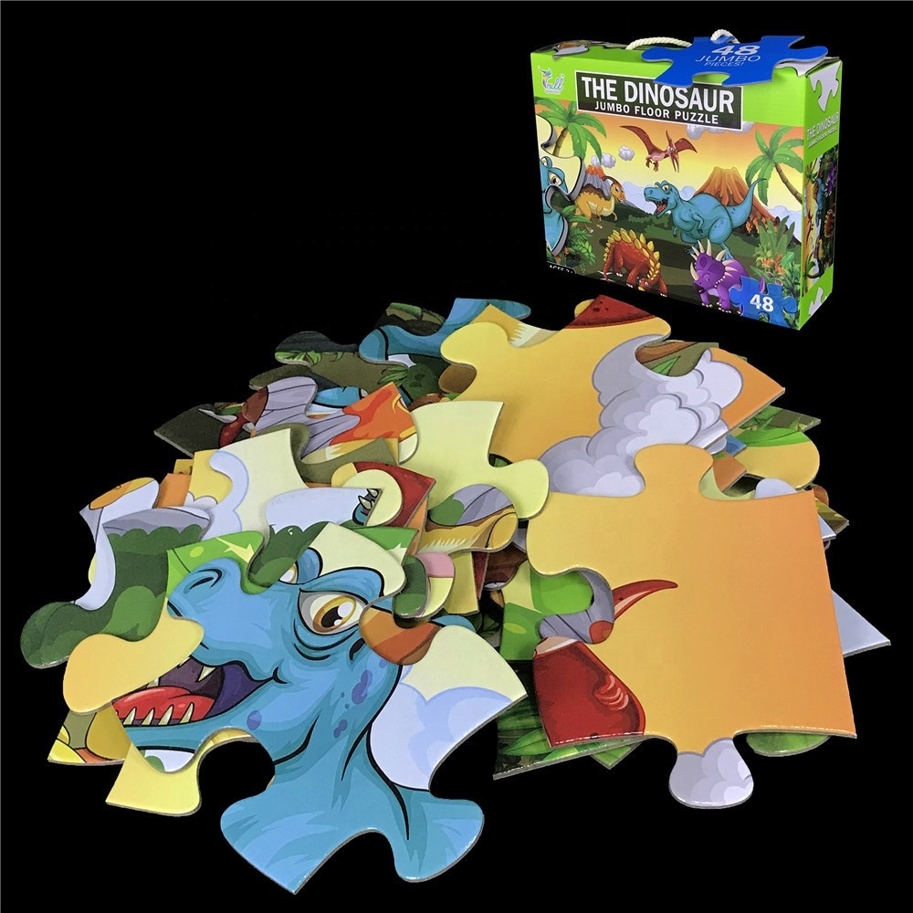 Educational kids 48 pcs box custom cartoon large dinosaur world puzzle game toys paper jigsaw puzzles