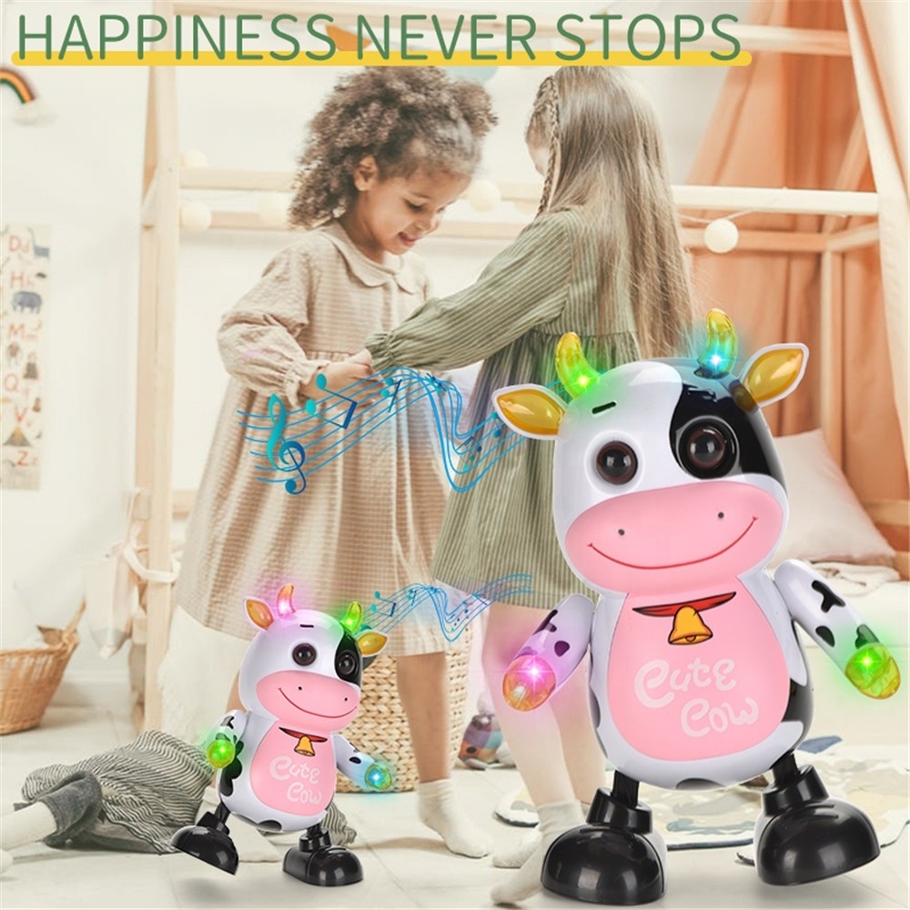 Popular cute animal children electric singing glowing flashing musical robot dancing cow toy for kids