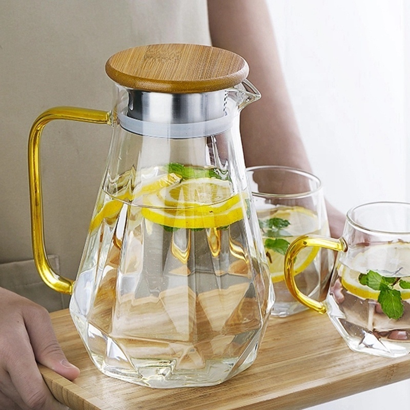 Factory Wholesale Heat Resistant Clear Home Bamboo Steel Cover Borosilicate Glass Pitcher Water Jug Coffee Carafe