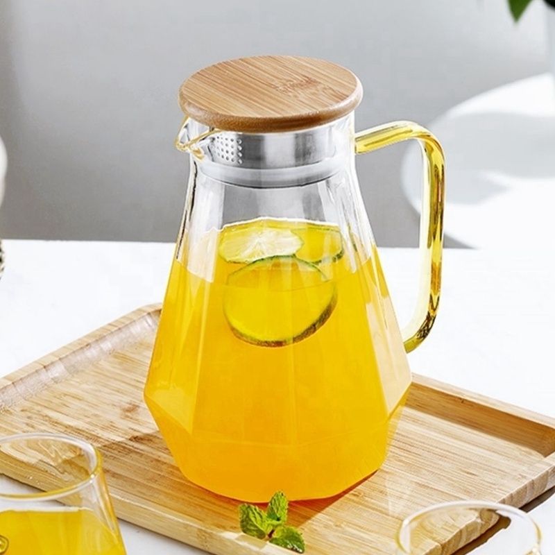 Factory Wholesale Heat Resistant Clear Home Bamboo Steel Cover Borosilicate Glass Pitcher Water Jug Coffee Carafe