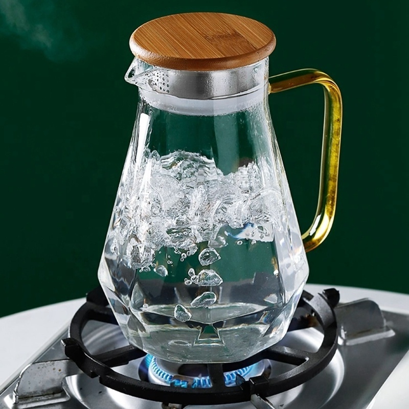 Factory Wholesale Heat Resistant Clear Home Bamboo Steel Cover Borosilicate Glass Pitcher Water Jug Coffee Carafe