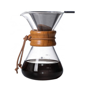 Glass Pour Over Coffee Maker Borosilicate Carafe Reusable Stainless Steel Filter Wooden Collar Hand Drip Glass Coffee Pot