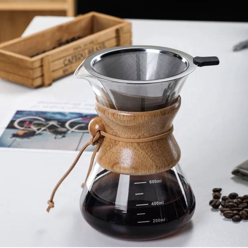 Glass Pour Over Coffee Maker Borosilicate Carafe Reusable Stainless Steel Filter Wooden Collar Hand Drip Glass Coffee Pot