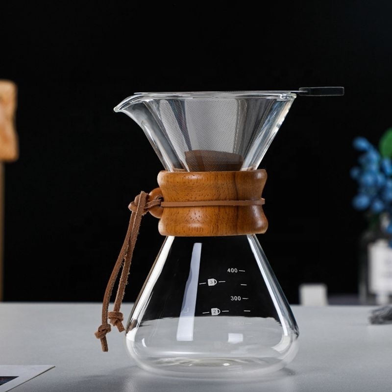 Glass Pour Over Coffee Maker Borosilicate Carafe Reusable Stainless Steel Filter Wooden Collar Hand Drip Glass Coffee Pot