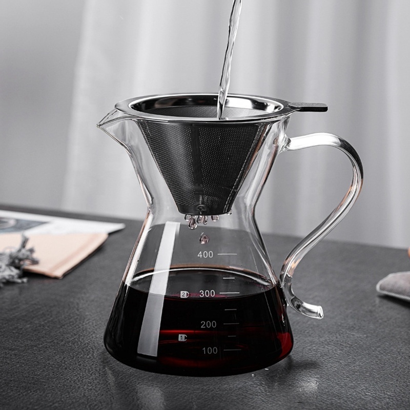 Wholesale Hand Blown Glass Pour Over Coffee Maker Borosilicate Carafe Reusable Hand Drip Glass Coffee Pot With Filter