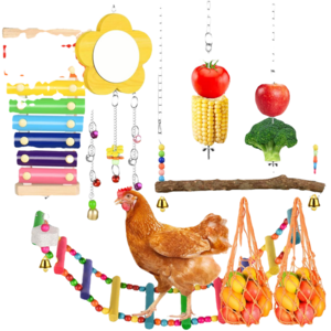 8 pieces chicken toy, ladder bridge, swing, xylophone , vegetable hanging feeder, mirror ,