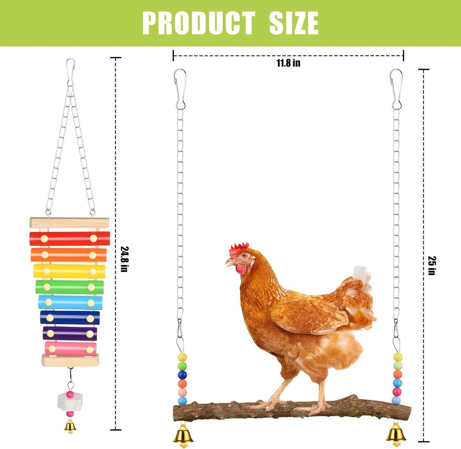 8 pieces chicken toy, ladder bridge, swing, xylophone , vegetable hanging feeder, mirror ,