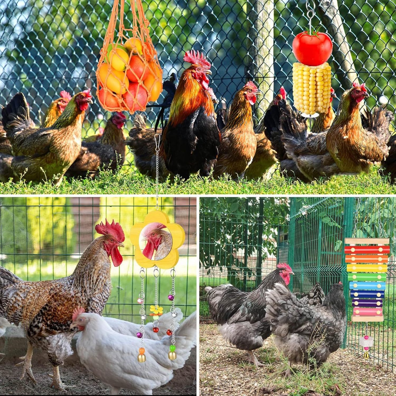 8 pieces chicken toy, ladder bridge, swing, xylophone , vegetable hanging feeder, mirror ,