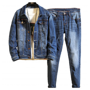 Mingwei High Quality Two Piece Blue Jean Denim Jacket And Pants Set 3XL Casual Jean Suit For Men