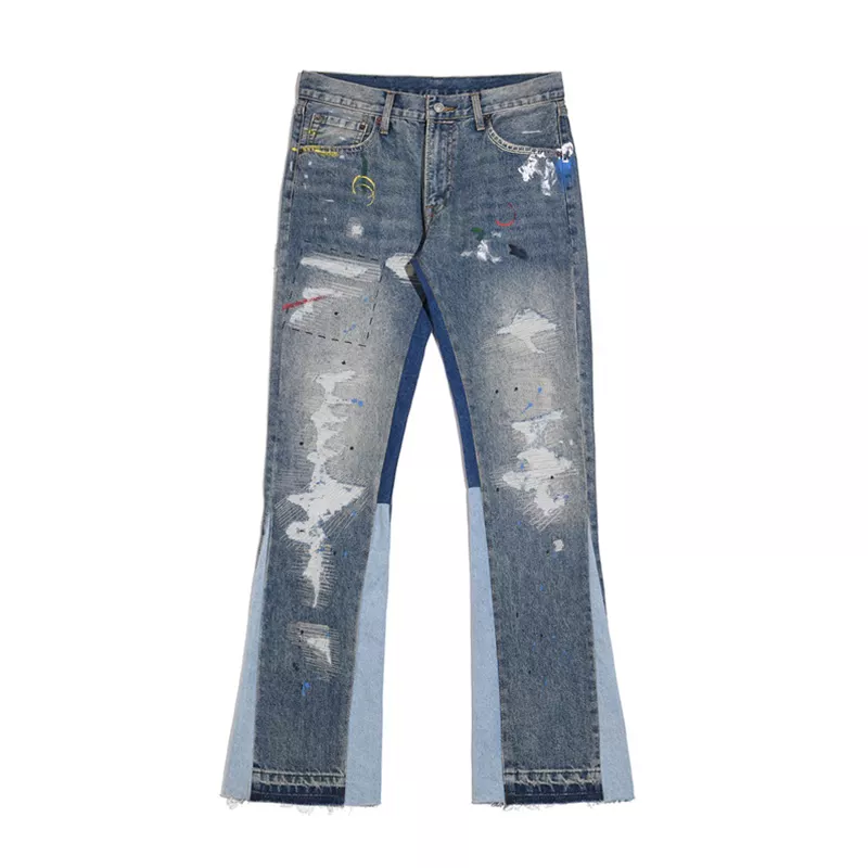 Custom Pants for Men Rhinestone Distressed Flare Paint Stacked Denim Jeans