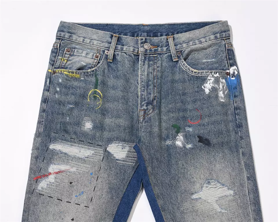 Custom Pants for Men Rhinestone Distressed Flare Paint Stacked Denim Jeans