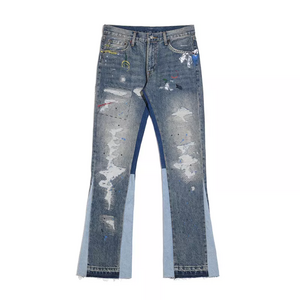 Custom Pants for Men Rhinestone Distressed Flare Paint Stacked Denim Jeans