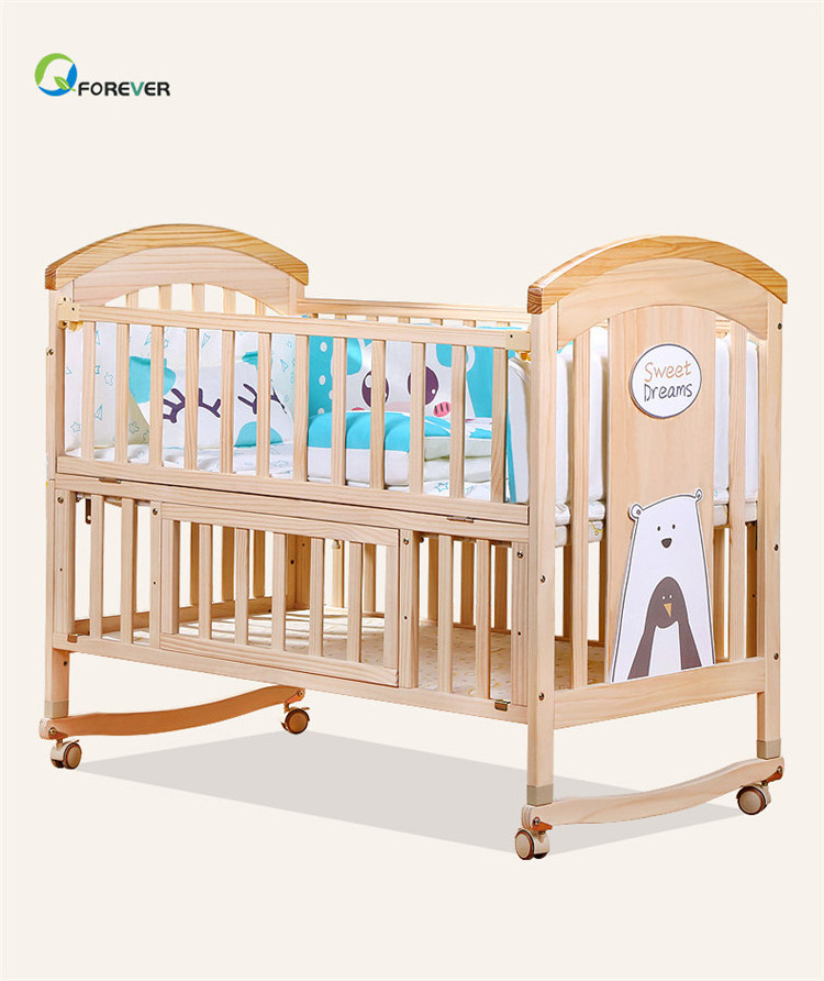 Solid wood crib Best selling solid pine wooden baby bed design/baby swing cot/baby crib attached adult bed