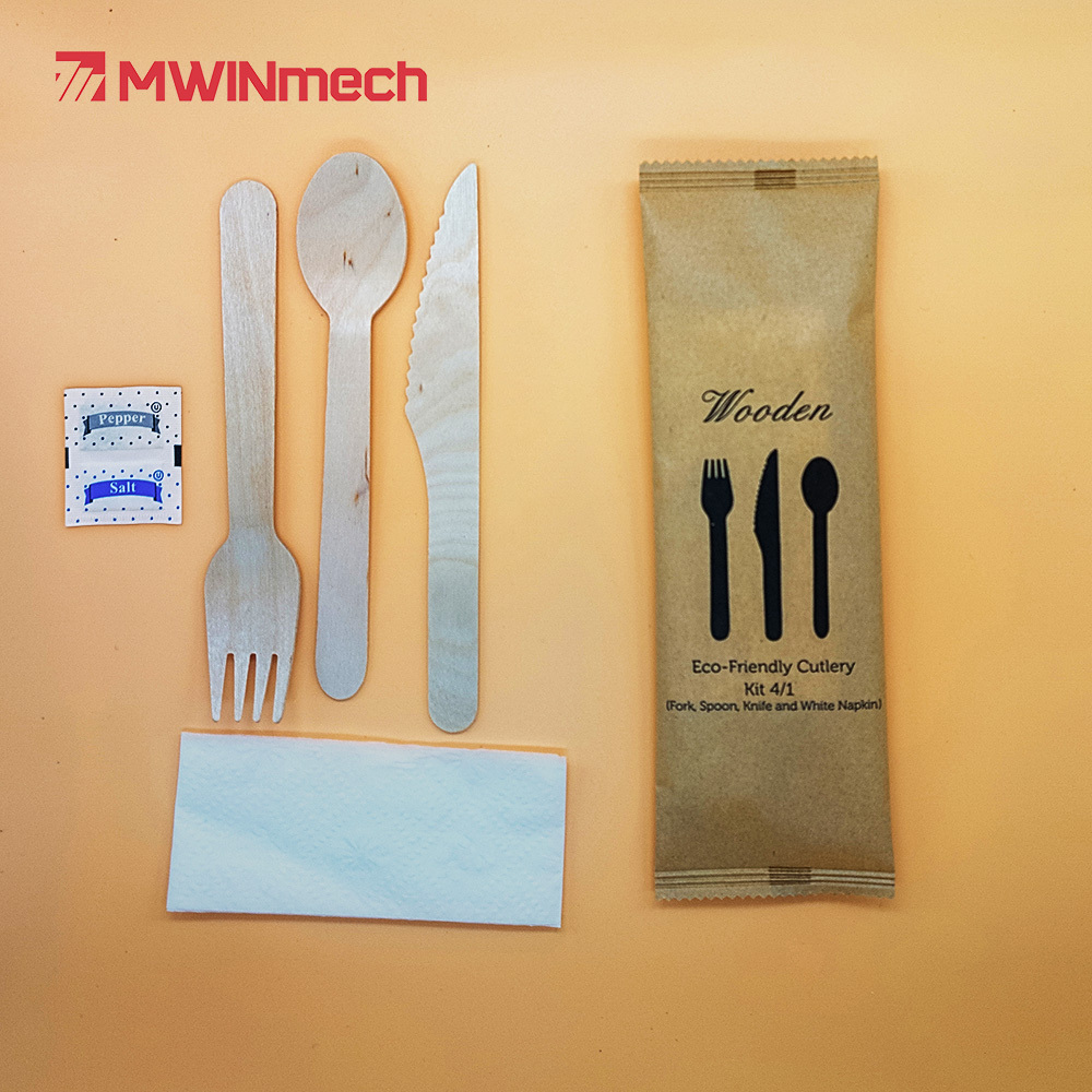 biodegradable bamboo wooden cutlery  napkin spoon fork knife toothpick packing machine manufacture