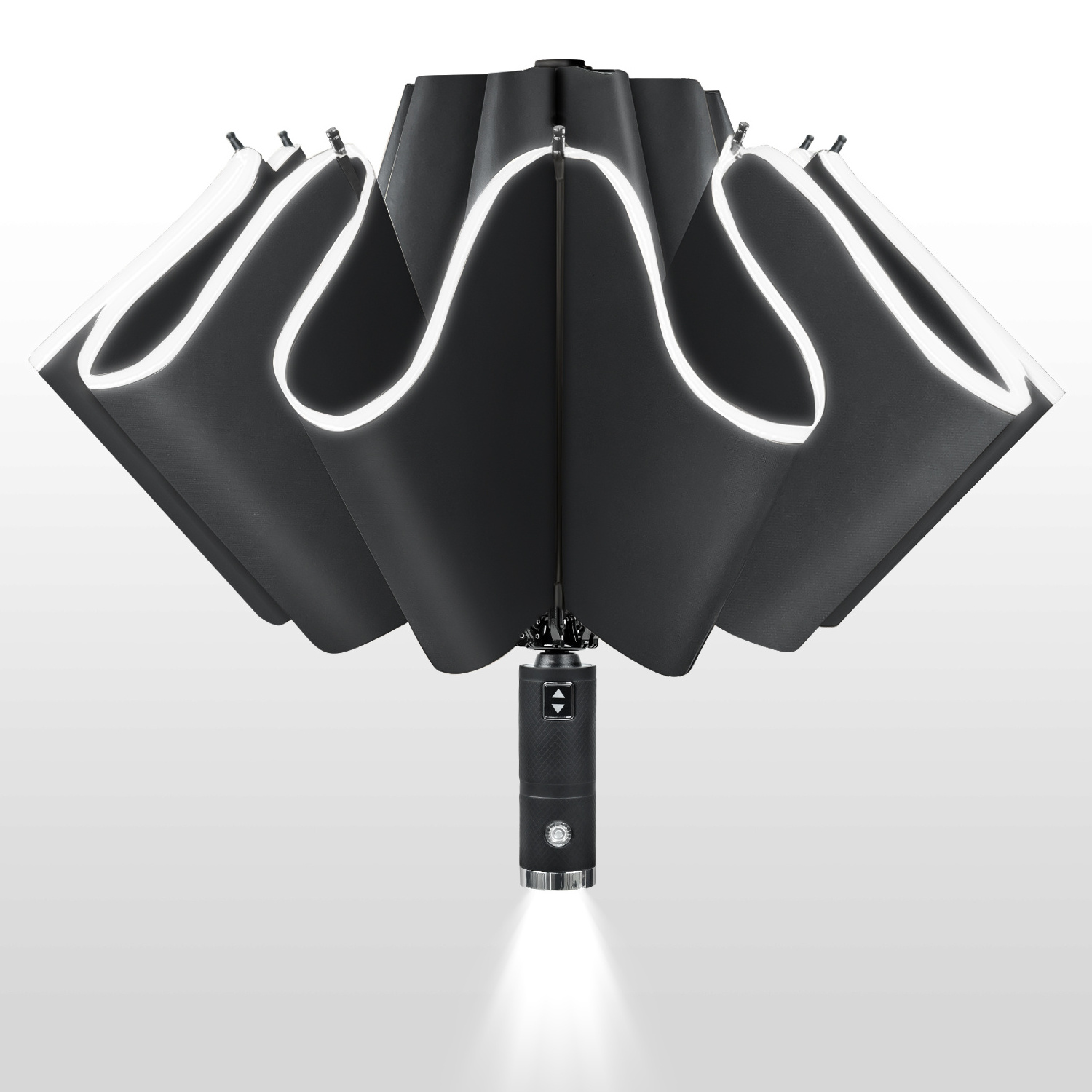 Safety design 9 ribs black color reflective strip reverted full automatic 3 fold light up led umbrella with led light