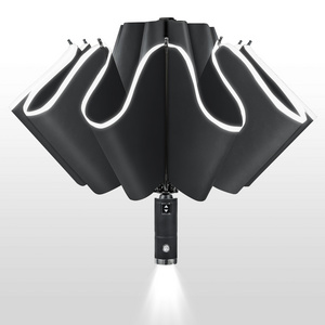 Safety design 9 ribs black color reflective strip reverted full automatic 3 fold light up led umbrella with led light