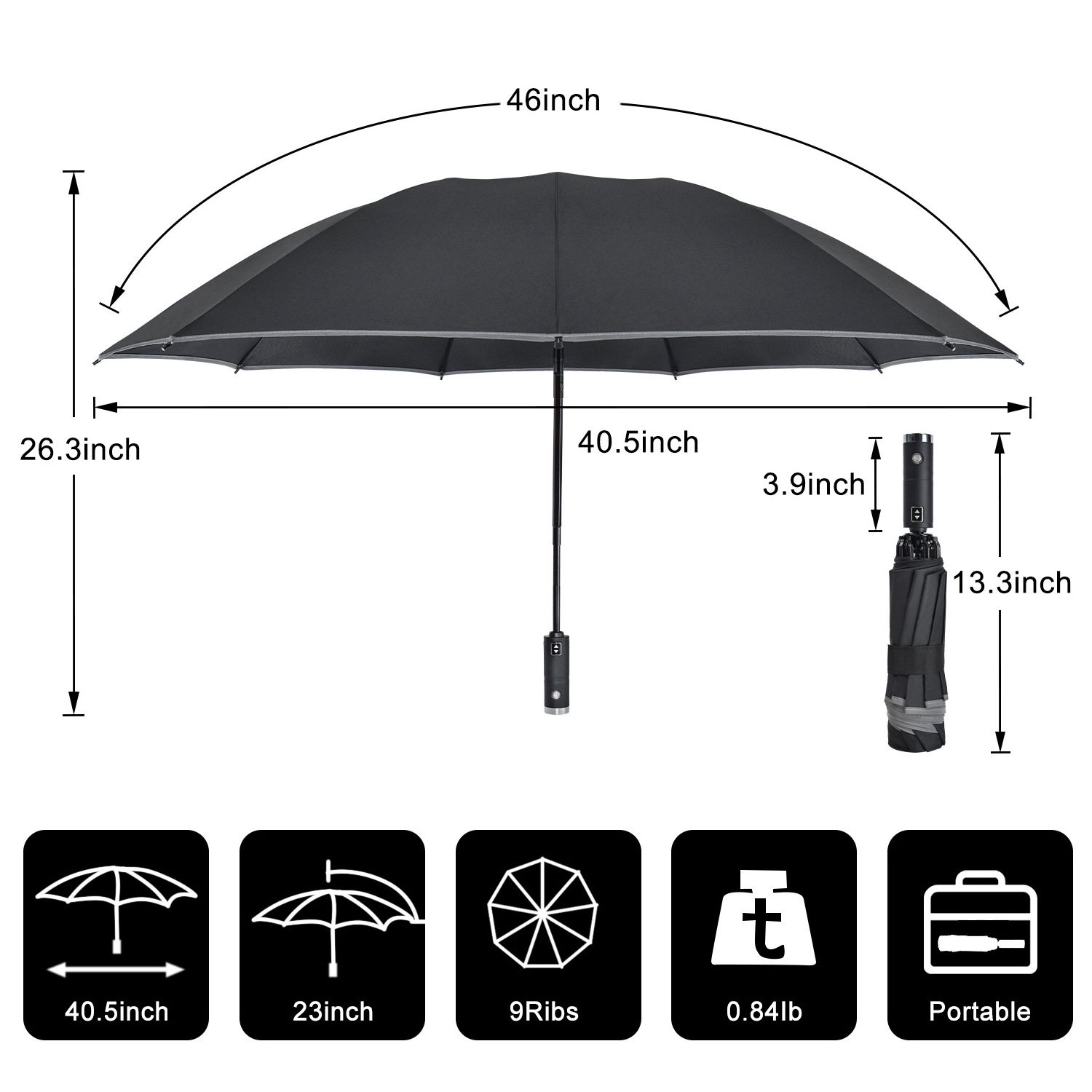 Safety design 9 ribs black color reflective strip reverted full automatic 3 fold light up led umbrella with led light