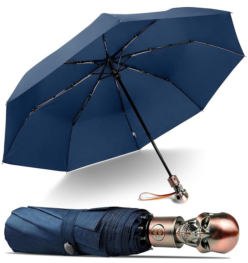 New innovative men blue color 23inch customized three folding portable travel 3 folded umbrella with skeleton handle