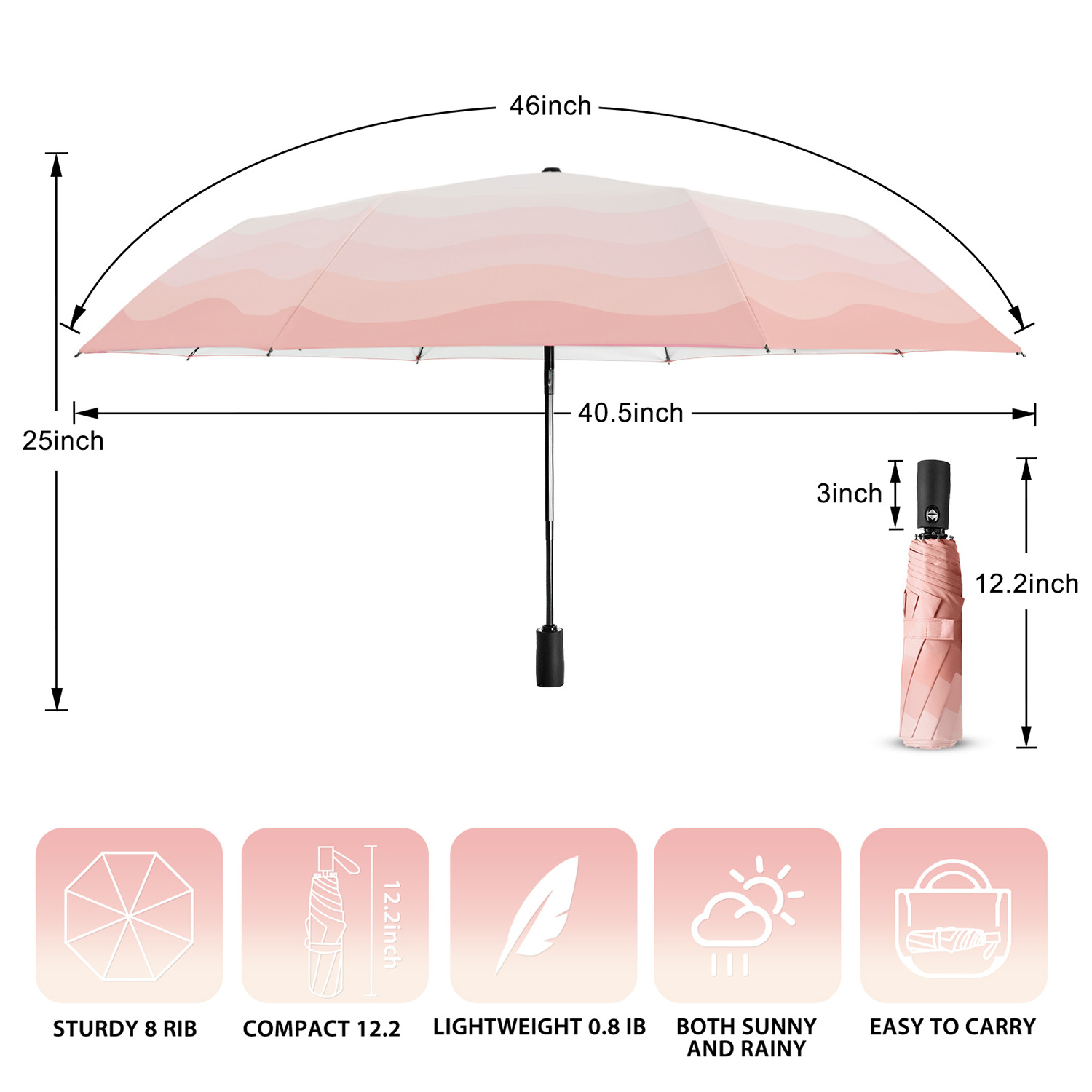 Girls Three Folding Umbrella Automatic Pink Strong UV Protection Parasol Lightweight Portable Travel Sun Rain Umbrella for Purse