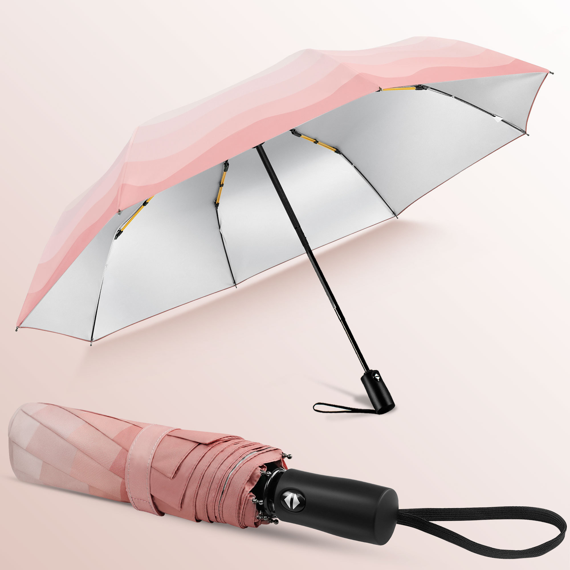 Girls Three Folding Umbrella Automatic Pink Strong UV Protection Parasol Lightweight Portable Travel Sun Rain Umbrella for Purse