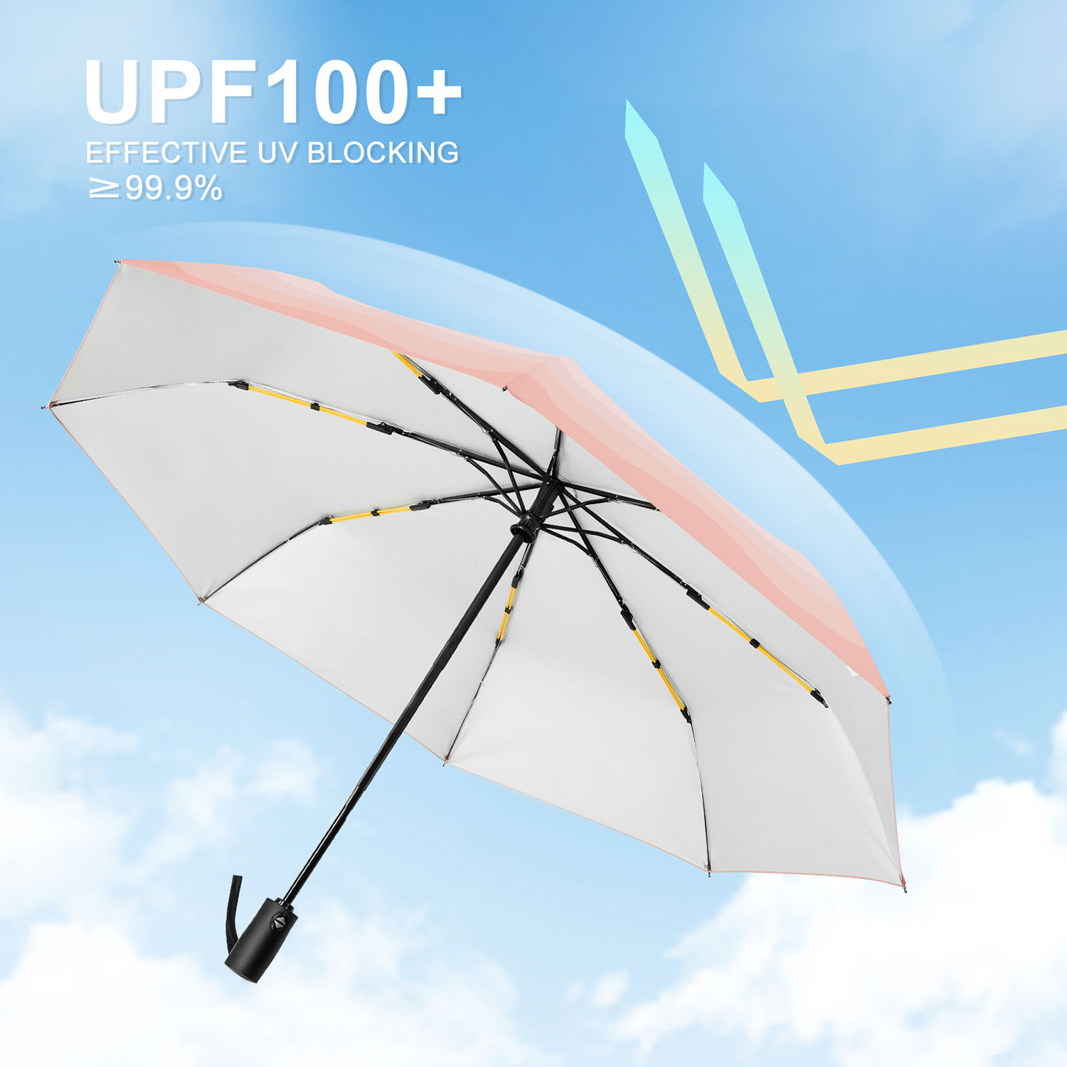 Girls Three Folding Umbrella Automatic Pink Strong UV Protection Parasol Lightweight Portable Travel Sun Rain Umbrella for Purse