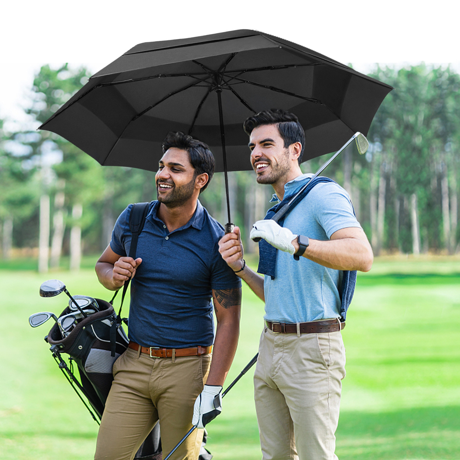 Women Men Vented Windproof Double Canopy Oversized Auto Open Close Folding Golf Umbrella Large Compact Fold Golf Umbrella