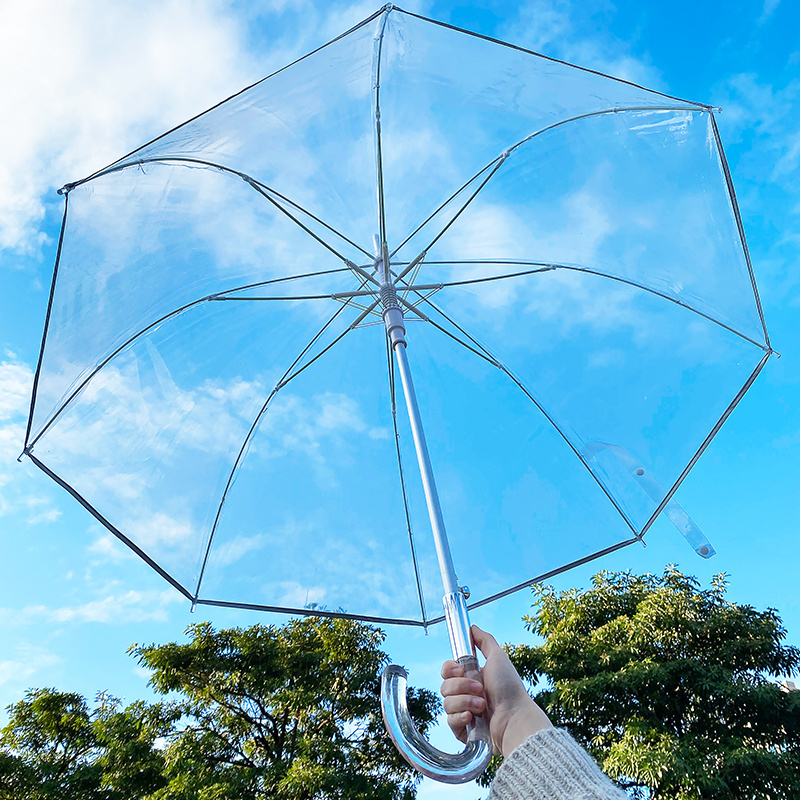 Semi-automatic travel waterproof reflective girls 25 inch acrylic j handle dome shape stick clear umbrella transparent