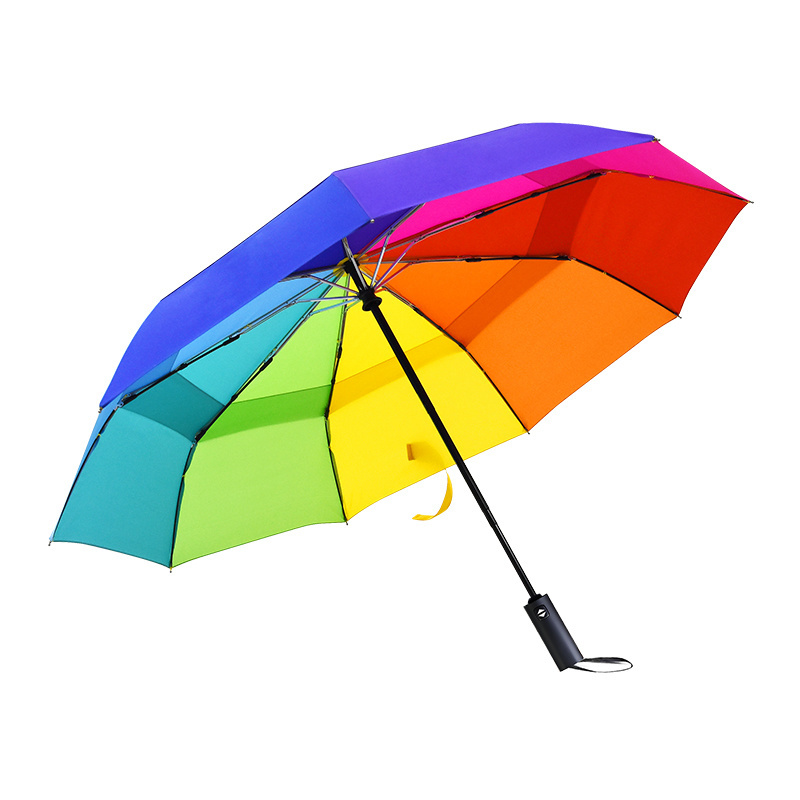 Full Auto Open Close three folding pongee fabric 23 inch windproof and rain travel double layer girls rainbow umbrella