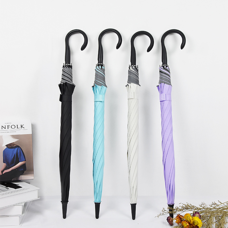 Semi-automatic stick rain travel 23 inch straight uv protective waterproof j shape handle reflective windproof umbrellas