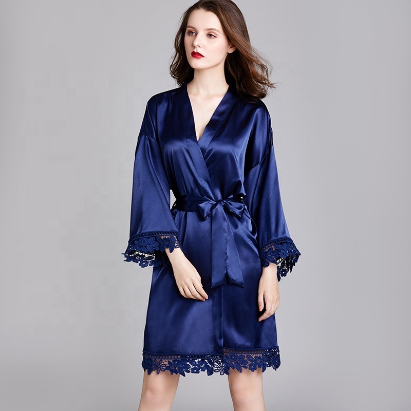 High Quality Women Breathable Lace Robe Silk Wedding Party Kimono Robe Satin Bride Night Robe