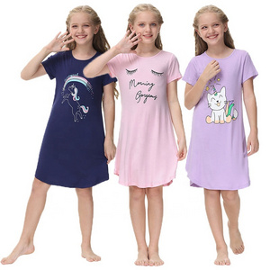 High Quality Short Sleeves Girls Printed Nightdress Lovely Modal Home Wear Cotton Super Soft Pajamas for Kids