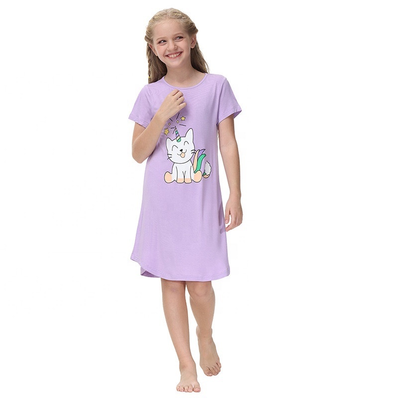 High Quality Short Sleeves Girls Printed Nightdress Lovely Modal Home Wear Cotton Super Soft Pajamas for Kids