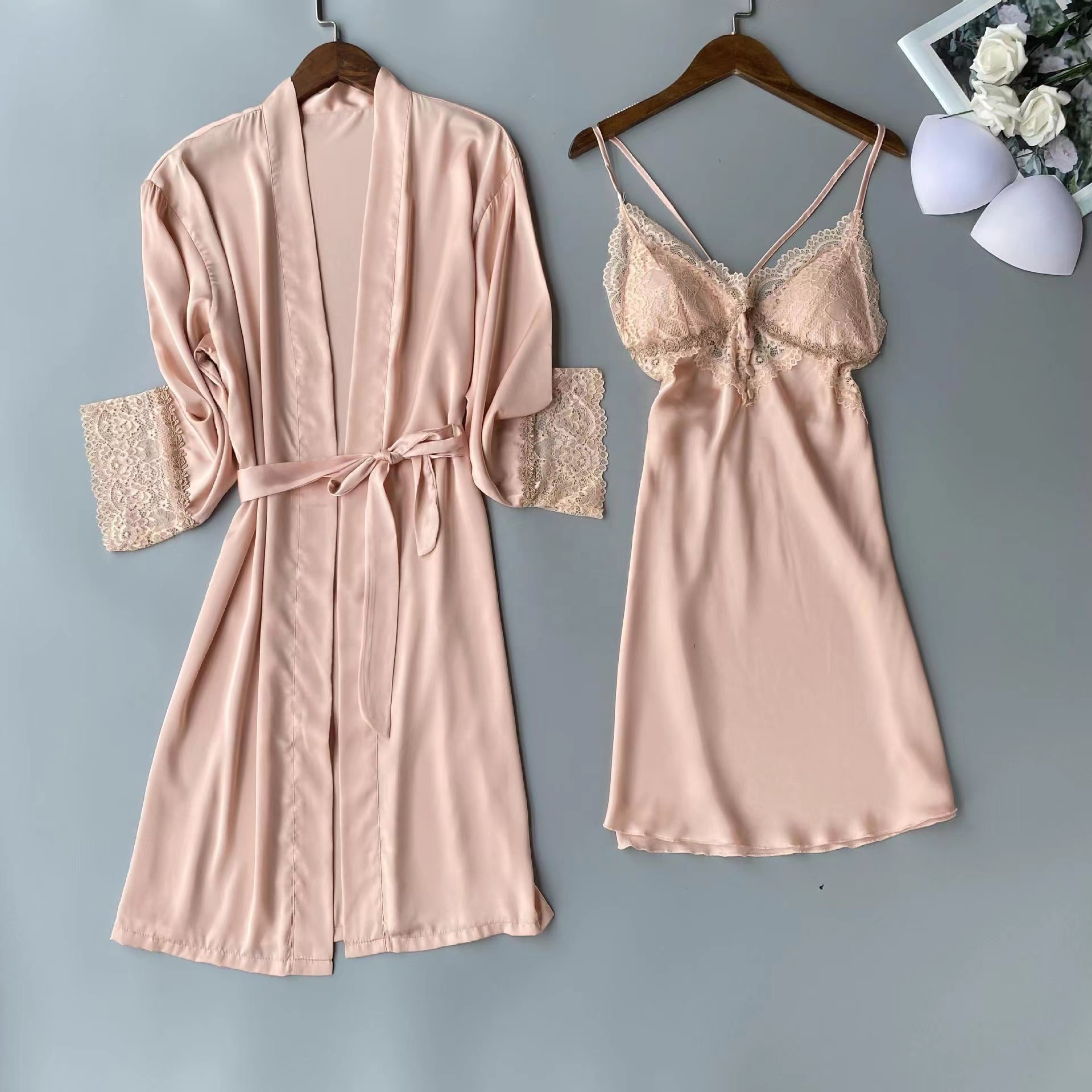 Two Pieces Silk Satin Nighty Sexy Wear Cross Back Night Dress Pijama Robe Set Fancy Lace Women's Sleepwear