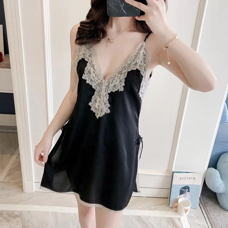 Women Sexy Lingerie Transparent Nighty One Piece Pajamas Satin Silk V-neck Night Gown