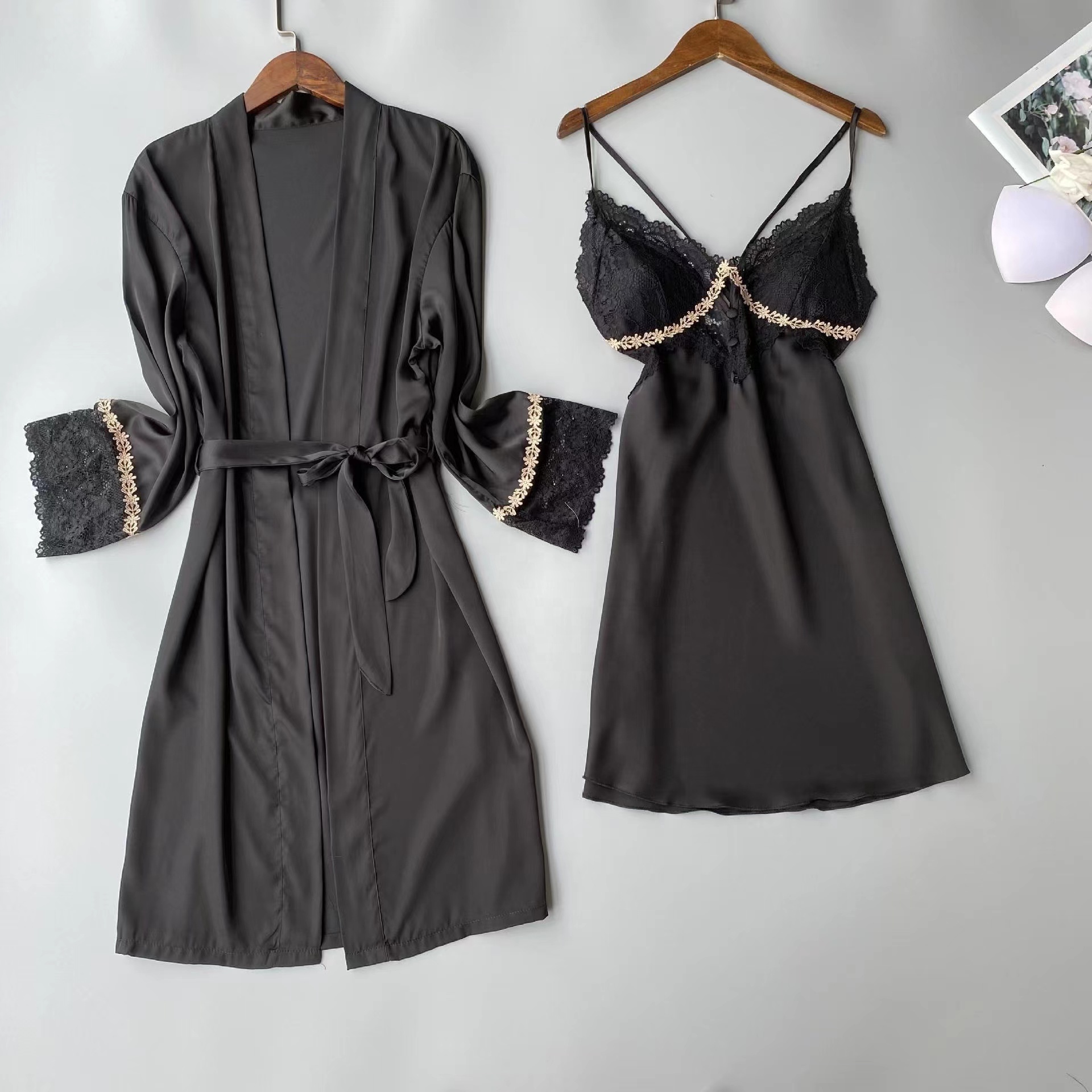 Two Pieces Silk Satin Nighty Sexy Wear Cross Back Night Dress Pijama Robe Set Fancy Lace Women's Sleepwear