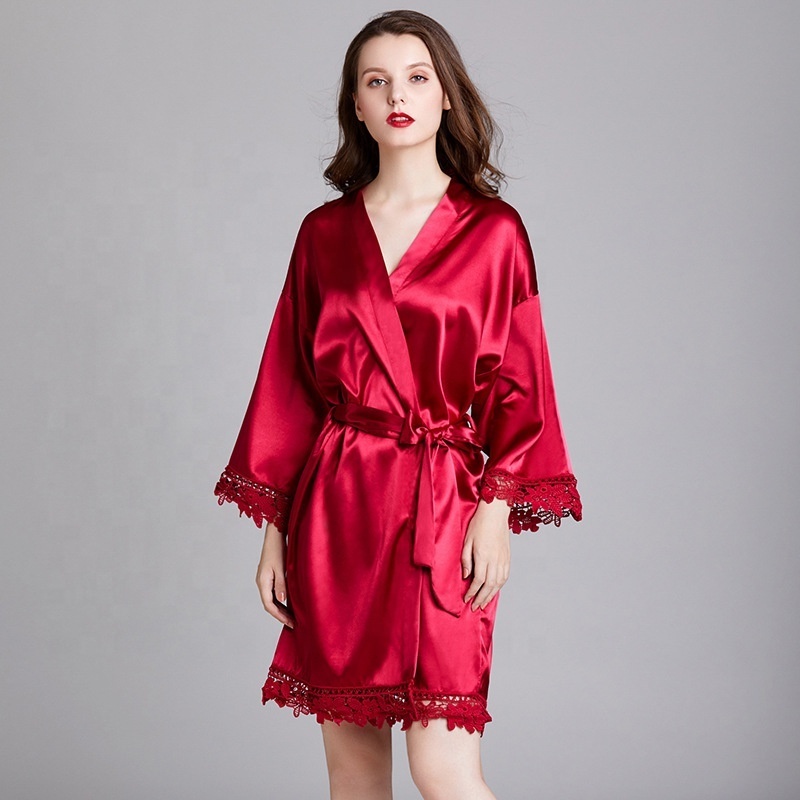 High Quality Women Breathable Lace Robe Silk Wedding Party Kimono Robe Satin Bride Night Robe