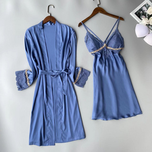 Two Pieces Silk Satin Nighty Sexy Wear Cross Back Night Dress Pijama Robe Set Fancy Lace Women's Sleepwear